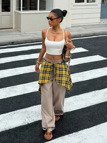 SHEIN EZwear 女式格子纯色拼接街头风格裤子 - 卡其色 - 查看 1