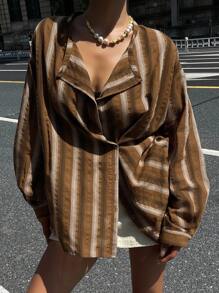 DAZY Vintage Vertical Striped Loose Fit Asymmetric Collar Long Sleeve Shirt Fall,Winter - Brown - View 7