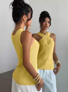 Elenzga 交叉领简约小众设计休闲针织上衣 - 黃色 - 查看 2