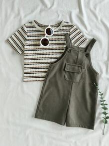 SHEIN Vintaside Kids 男嬰 2 件套套裝，可愛復古條紋短袖 T 恤與華夫格針織吊帶短褲套裝，附口袋，幼兒夏季套裝 - 彩色 - 查看 1