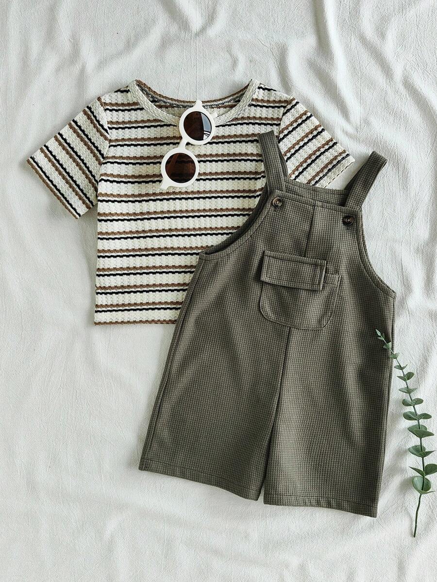 SHEIN Vintaside Kids 男嬰 2 件套套裝,可愛復古條紋短袖 T 恤與華夫格針織吊帶短褲套裝,附口袋,幼兒夏季套裝 - 彩色 - 查看 1