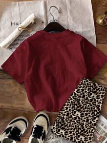 SHEIN Vintage Leopard Print Bow Decor, Teen Girl Casual Minimalist Loose Fit Round Neck Short Sleeve T-Shirt And Shorts 2 Pieces Set, Suitable For Spring/Summer - Multicolor - View 2