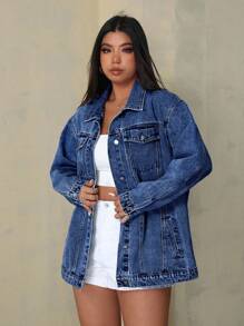 SHEIN EZwear 大码女式蓝色休闲时尚百搭单排扣牛仔夹克 - 深色水洗藍 - 查看 5