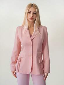 Sweetina Women's Loose Fit Blazer Jacket With Pocket & Bow Decor - Baby Pink - View 3