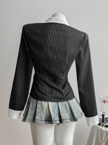 Elamini 黑色条纹亚麻面料撞色白领纽扣衬衫，复古优雅女士通勤休闲装，春秋季 - 黑色 - 查看 2