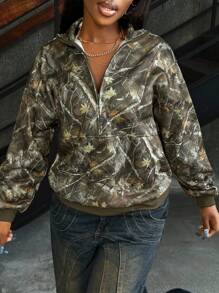 INAWLY 休闲宽松拉链立领植物图案女式卫衣，长袖上衣，适合毕业季、教师节、返校季等场合，秋季新款 - 軍綠色 - 查看 3