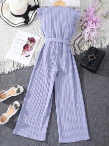Tween Girl Ruffle Trim Button Front Wide Leg Jumpsuit - Purple - View 2