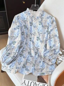 SHEIN Clasi 大码时尚休闲法式复古优雅通勤灯笼袖衬衫 - 藍色 - 查看 3