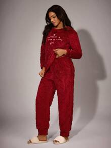 Women Slogan Embroidery Fleece Long Sleeve Top & Pants Pajama Set Cozy Outfit, Fall Winter Clothes - Burgundy - View 3