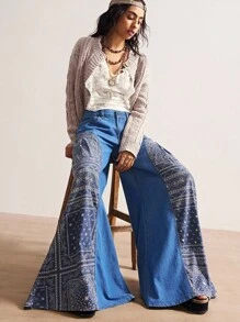 Bohemela 女式复古休闲度假拼布印花阔腿牛仔裤 - 藍色 - 查看 5