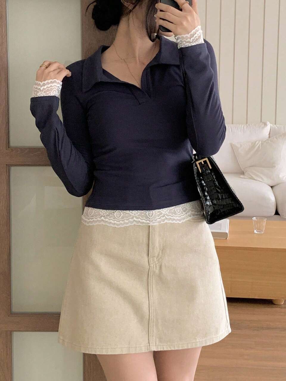 Women's Lace Patchwork Collar Long Sleeve Slim Fit Casual T-Shirt