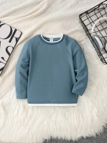 SHEIN Genkimix Kids Áo thun phối màu cho bé trai, thoải mái, phong cách thường ngày, đa năng, phù hợp cho đường phố, thể thao, hoạt động ngoài trời, và đi học vào mùa thu/đông. - Màu xanh bụi bặm - Xem 5