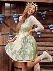 SHEIN Frenchy 2025新款慕尼黑啤酒节连衣裙巴伐利亚啤酒节传统服装绿色连衣裙女式蕾丝连衣裙，撞色蕾丝缎面短袖连衣裙配腰带，慕尼黑啤酒节连衣裙，慕尼黑啤酒节 Tracht，慕尼黑啤酒节，啤酒节，威斯恩，慕尼黑啤酒节连衣裙 - 綠色 - 查看 3