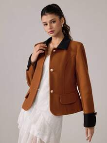 SHEIN MOD Vintage Elegant Contrast Color Lapel Blazer, Brown Blazer In Fall/Winter - Brown - View 6