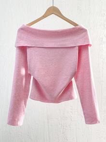 Franclia Neue schlank geschnittene, sanft süße, minimalistische Pullover-Bluse, Off-Shoulder für Frauen, Frühling/Herbst - Pink - Übersicht 2
