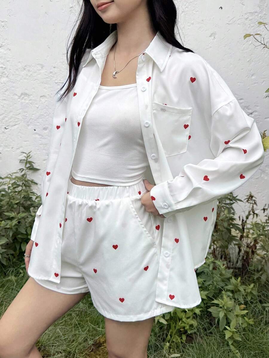 SHEIN 3件套青少年女孩休闲白色宽松衬衫、背心和裤子套装 - 白色 - 查看 1