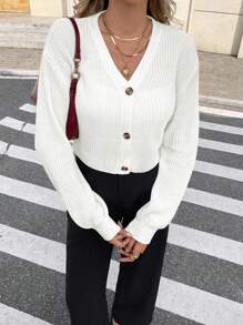 Serisse Solid Drop Shoulder Button Up Crop Cardigan,Knitted Sweater In Fall/Winter White Casual Spring - White - View 7