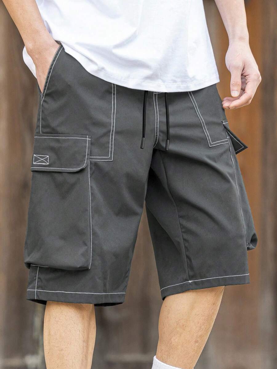 Manfinity Roghcode Men's Solid Color Minimalist Casual Pocket Shorts - Dark Grey - View 1
