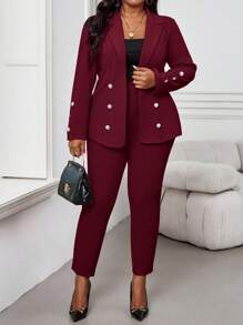 SHEIN Lady 秋冬优雅红色针织翻领纽扣长袖加大码仿皮草外套情人节新年女装 - 酒紅色 - 查看 4