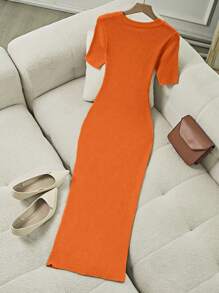 Franclia 女士优雅修身圆领短袖开衩装饰纽扣针织连衣裙，夏季大学针织毛衣 - 橘色 - 查看 2