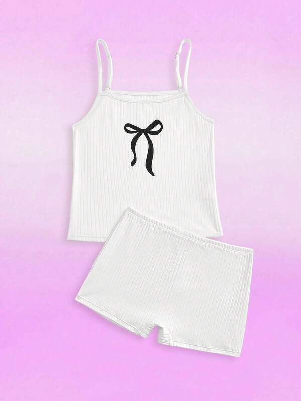 2pcs/Set Comfortable Casual Ribbed Fabric Bow Decor Underwear Set For Teenage Girls 2 Piece Summer Set Sleepwear Set Spaghetti Strap Tween Girls Ribbed Set Cute Sets Teen Two Piece Girl Set