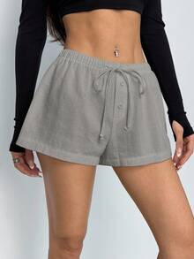 SHEIN PETITE Quần short lưng rút màu trơn đơn giản cho nữ - Màu xám đen - Xem 6