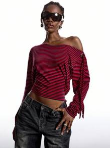 LYSMO 2025 New Arrive Minimalism Fall Women's One Shoulder Top Fashion Sexy Hollow-Out Shoulder Striped Long Sleeve T-Shirt Graphic Tees Party Outfit Women Back To School, Homecoming, 2000s Style, Y2K Clothes Women, Streetwear Grunge And Punk Chic, Y2K Clothes And Stockholm Style, Edgy Clothes Woman And Unique Clothes Christmas Clothes Halloween Costumes