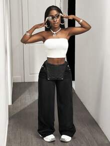 Slaydiva 女式宽松牛仔背带裤 - 黑色 - 查看 7