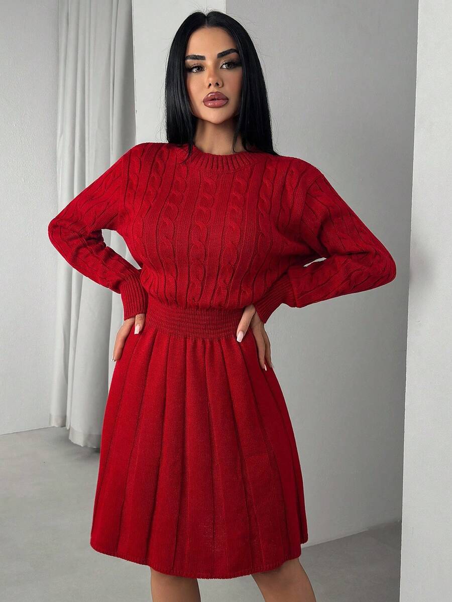 EURMUSE Vestido curto de malha com decote redondo casual, cor sólida, malha plissada, formato A, para o Natal - Vermelho - Ver 1