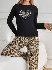 EURMUSE 心形豹纹长袖家居服套装（上衣和裤子） - 彩色 - 查看 7