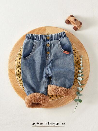 Cozy Pixies Baby Boys Casual Cute Soft Stonewashed Plush Orange Letter Patched Detail Blue Denim Tapered Pants,For Baby Boys Fall And Winter Indoor/Outdoor Wear Clothes