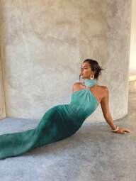 Aloruh Aloruh Women's Elegant Sexy Teal Ombre Metal Buckle Decor Hollow Out Bodycon Stretch Dress, Elegant For Dates, Ombre Dress For Autumn/Winter, Party, Fall Women Clothes,Fall Wedding Guest Dress