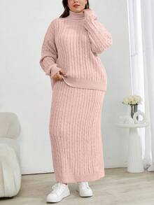 Conjunto de dos piezas de suéter de cuello alto de punto de cable y falda