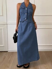 DAZY Conjunto de chaleco de escote en V y falda de mezclilla estilo occidental para mujer, para verano - Azul lavado oscuro - Ver 4