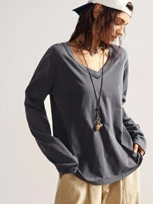 Bohemela Áo thun tay dài bằng cotton giặt, cổ chữ V, màu trơn, họa tiết thêu rỗng, phong cách Boho dành cho nữ, phong cách đồng quê cổ điển phương Tây, thích hợp cho kỳ nghỉ mùa hè/thu/đông - Màu xám đen - Xem 5