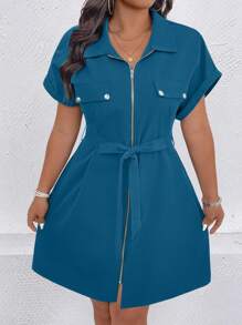 SHEIN LUNE Plus Size Women's Solid Color Batwing Short Sleeve Zipper Front Casual Dress
