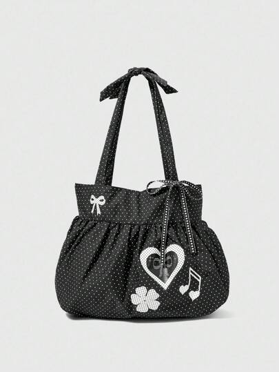 Anime Black Cute Bow Retro Heart Shoulder Bag For Women Minimalist Polka Dot Summer Flower & Music Note Large Capacity Tote Bag, Fits Laptop, Suitable For Daily Commute