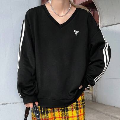 여성용 브이넥 드롭 숄더 긴소매 대비 스트라이프 장식 루즈 캐주얼 풀오버 스웨트셔츠, 따뜻한 안감, 다용도 가을/겨울