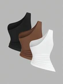 Sweetra Nouveau ensemble de blouse femme printemps/été asymétrique avec col asymétrique, boucle métallique décorative sur une seule épaule, convient pour les vacances à la plage