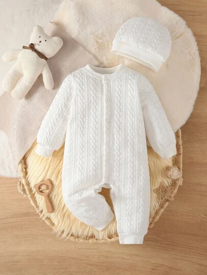 SHEIN 男婴纯色圆领长袖麻花针织连体衣，新生儿秋冬套装，针织男婴套装，新生儿婴儿套装，麻花针织连体衣，男婴服装，中性婴儿服装，男女通用天然婴儿服装，新生儿