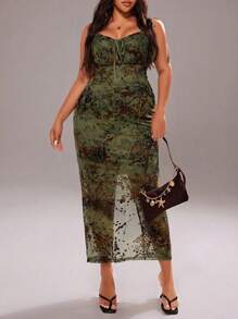 Rustia Plus Size Spaghetti Strap Front Knot Mesh Backless Split Dress - Multicolor - View 3