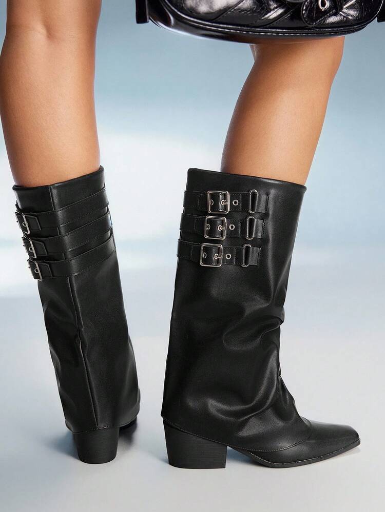 CUCCOO GRLICON Women's Square Toe Chunky Heel Black PU Fabric Silver Button Decor Fashion Comfortable Slip-On Boots, Suitable For Outdoor, Daily Wear And Party