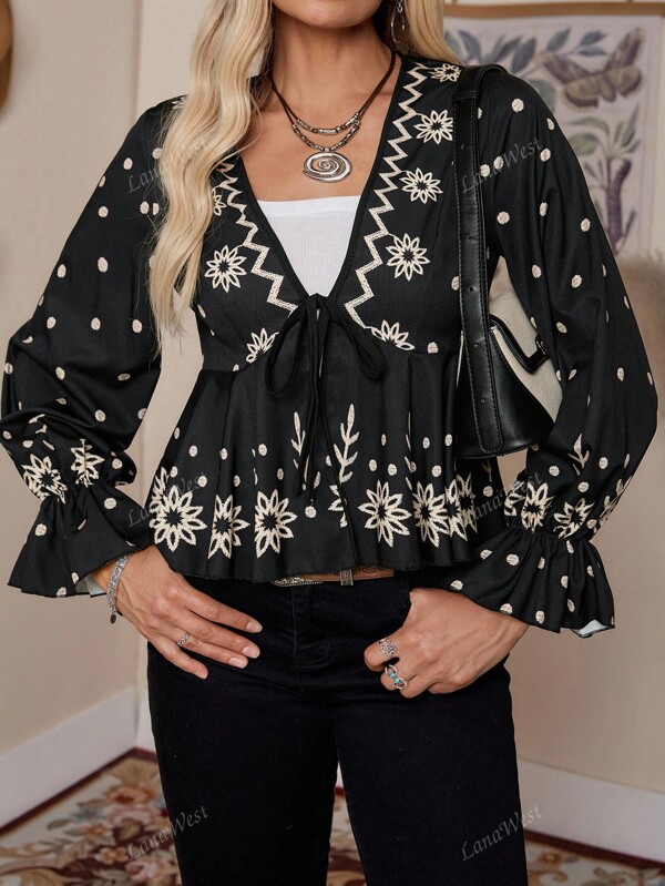 LanaWest Blusa casual da donna con scollo a V, lacci anteriori, maniche a balze e stampa geometrica