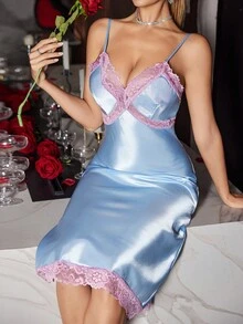 SHEIN Contrast Color Lace Patchwork Slim Fit Backless Camisole Nightgown For Women - Blue - View 6