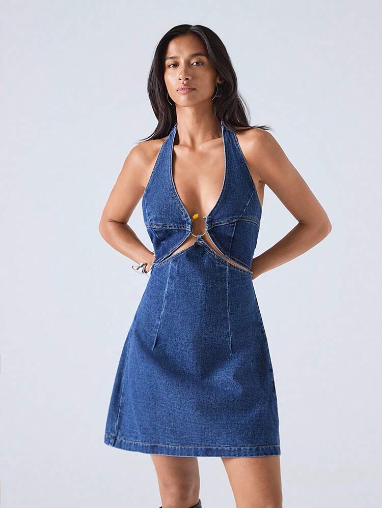 LYSMO 女士时尚挂脖牛仔连衣裙 - 藍色 - 查看 4