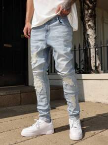 Manfinity Roghcode Plus Size Men's Light Blue Distressed Patch Denim Jeans, Fashionable Slim Fit Casual Pants Men Ripped Denim Jeans Streetwear Jeans