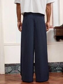SWAVVY 男士街头时尚宽松条纹印花裤，秋季 - 藏蓝色 - 查看 5
