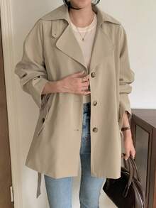 DAZY 女士腰带翻领中长款宽松休闲风衣外套秋冬 - 卡其色 - 查看 6
