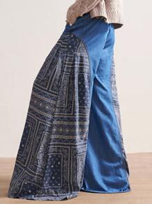 Bohemela 女式复古休闲度假拼布印花阔腿牛仔裤 - 藍色 - 查看 3