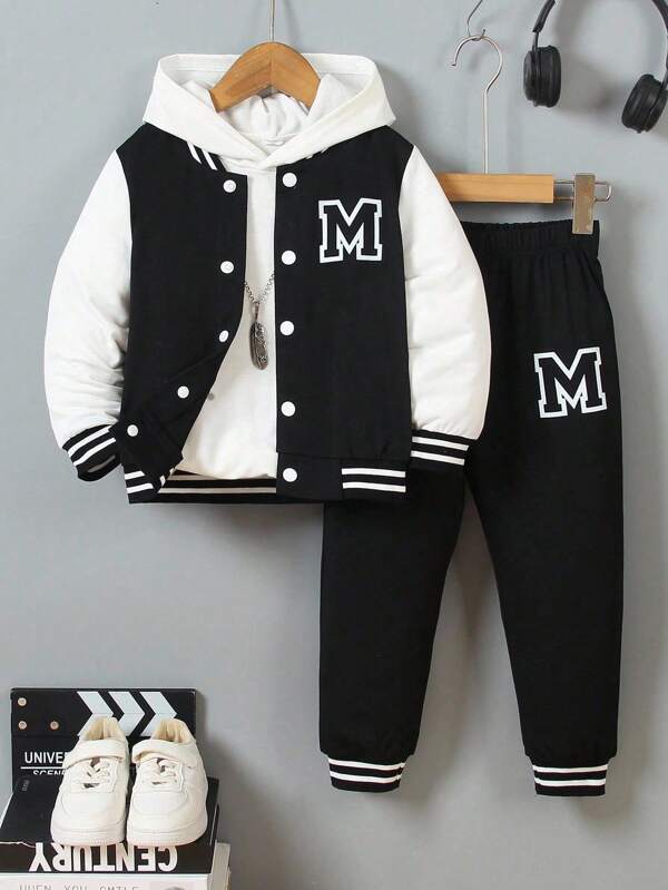 SHEIN Explorewe 2pcs/Set Young Boys' Collegiate Style Set: Black Knit Top With White Sleeves, Print Letter "M" Design, Matching Printed Sports Pants With Ribbed Collar, Cuffs And Hem. Comfortable, Relaxed And Casual Style For Spring, Autumn, Daily Wear, Sports, School, Travel